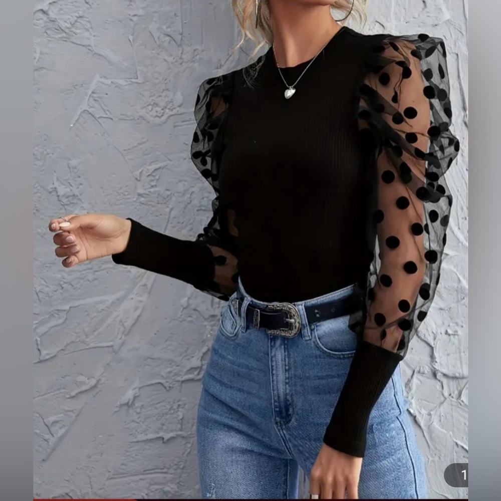 Long sleeve mesh bubble sleeve polka dot going out dress top